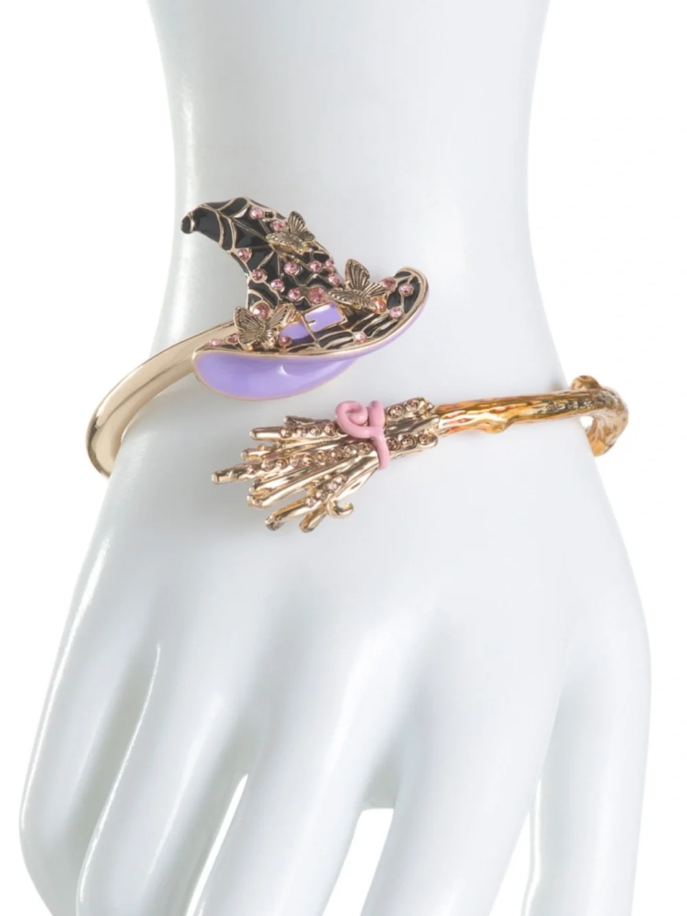 Betsey Johnson Gold Tone Witch Hat & Broom Bracelet with Purple and Pink Accents